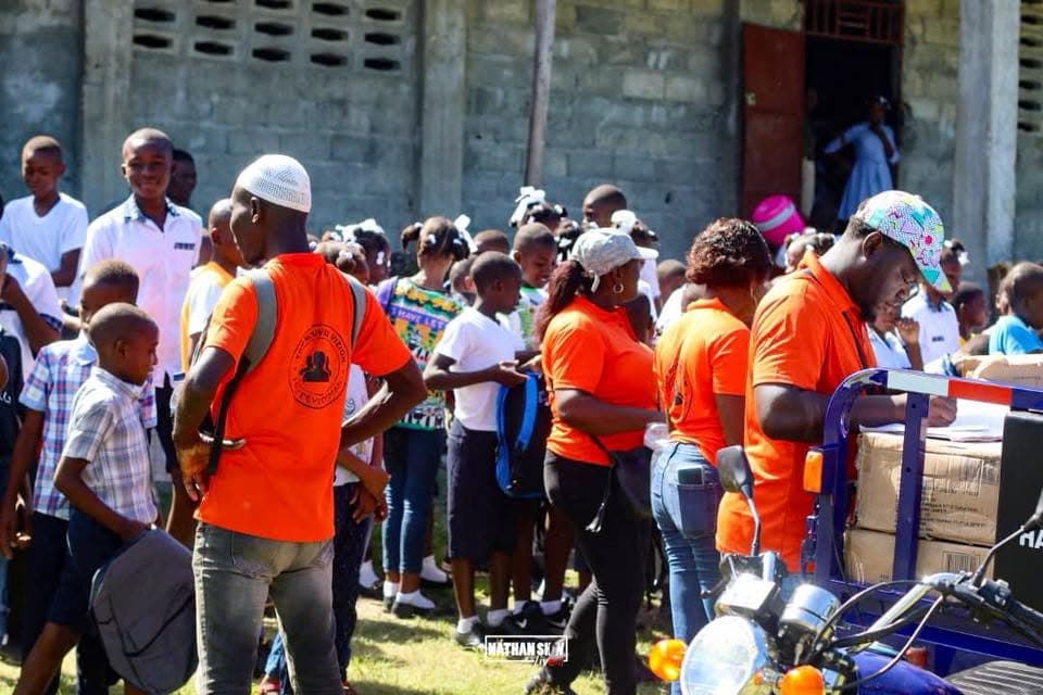 Students in Dame Marie receiving new school bags in 2025